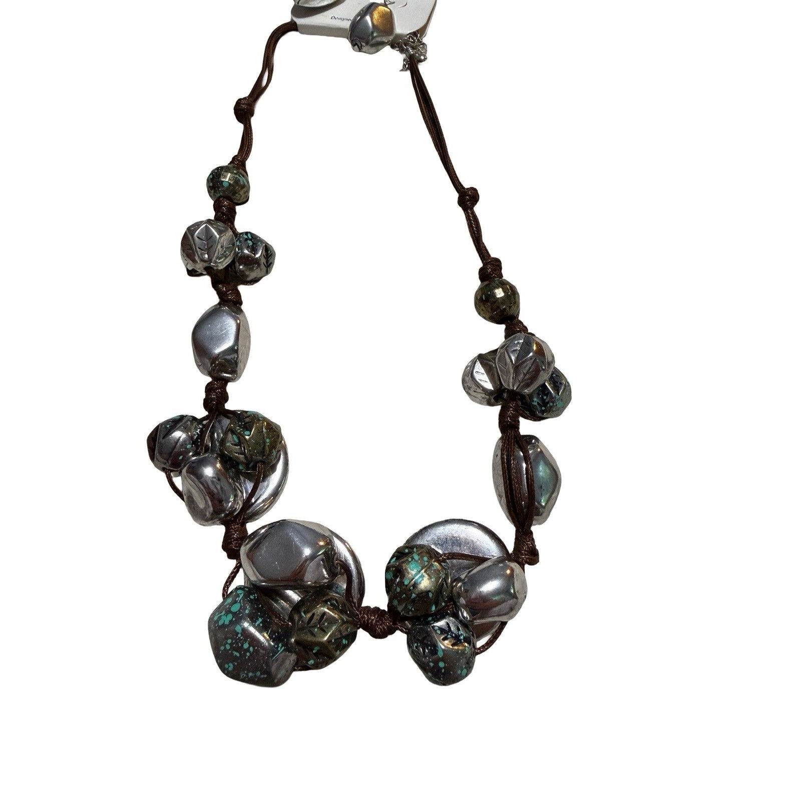 Hush Silver Tone Beaded Necklace & Hook Earring Set Brown Cord 16 Inch — image 2 of 4